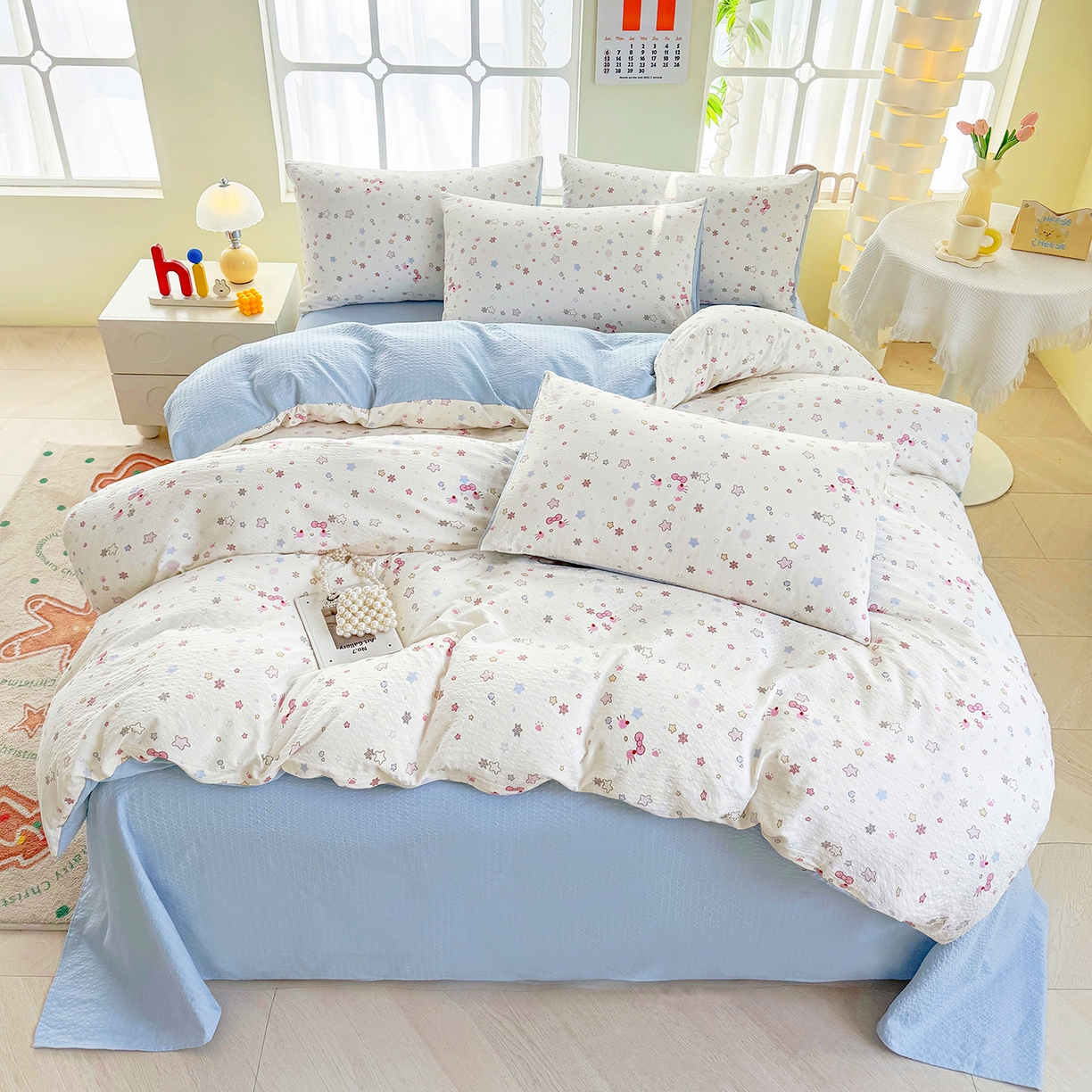 91家纺网 家纺一手货源 找家纺 悠米悠家 2026春夏新款高克重A类泡芙纱泡泡皱皱纱四件套 星语甜梦-床单款