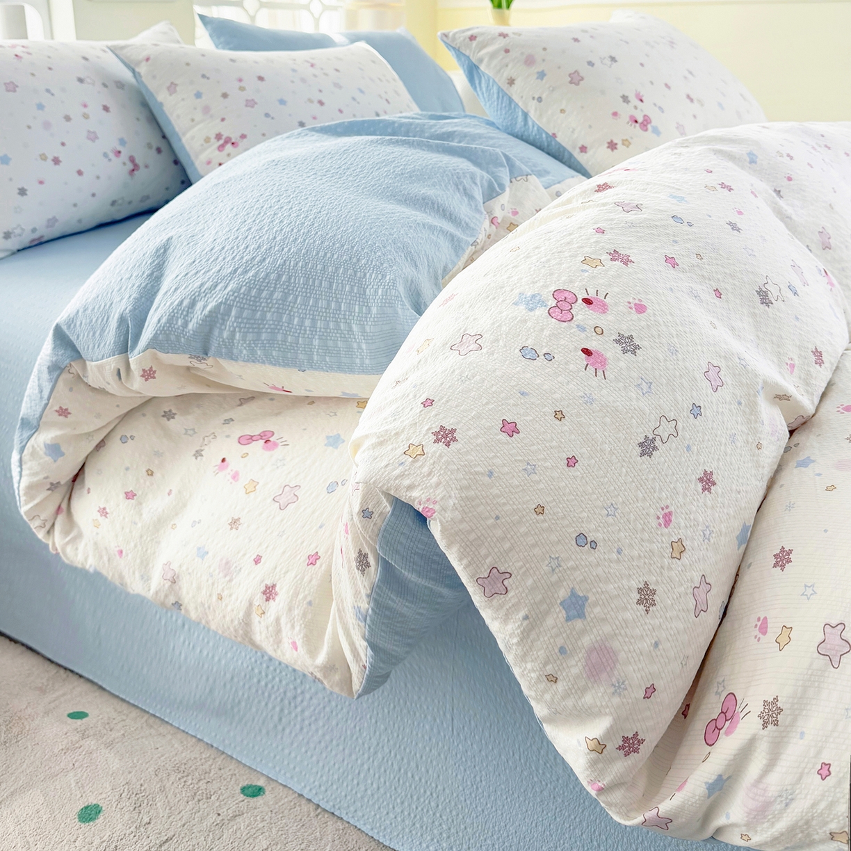 91家纺网 家纺一手货源 找家纺 悠米悠家 2026春夏新款高克重A类泡芙纱泡泡皱皱纱四件套 星语甜梦-床单款