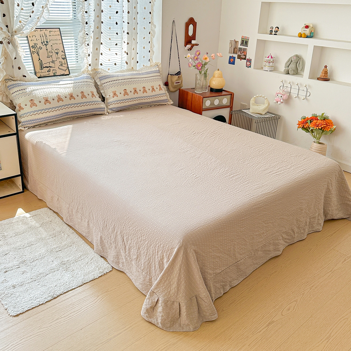 91家纺网 家纺一手货源 找家纺 富米莱（原臻工厂） 2026新款全新花边款泡芙双层纱夏凉被床盖床裙四件套 蕾丝花边-波西米亚小熊