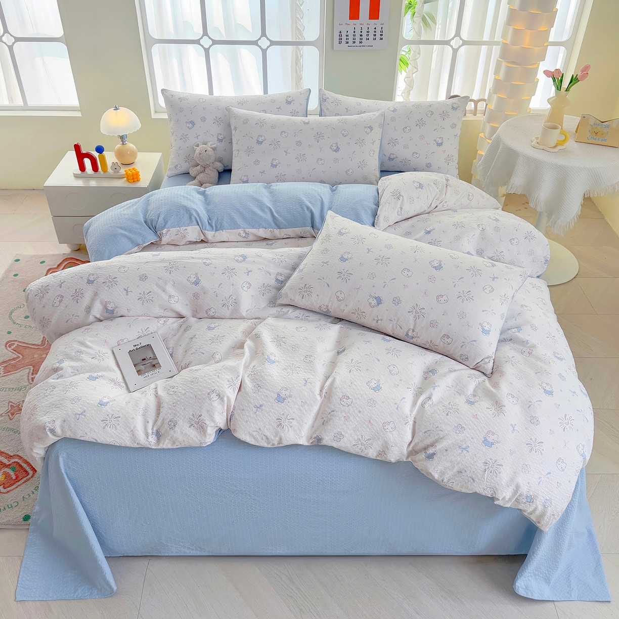 91家纺网 家纺一手货源 找家纺 悠米悠家 2026春夏新款高克重A类泡芙纱泡泡皱皱纱四件套 Kitty星光绽放-床单款