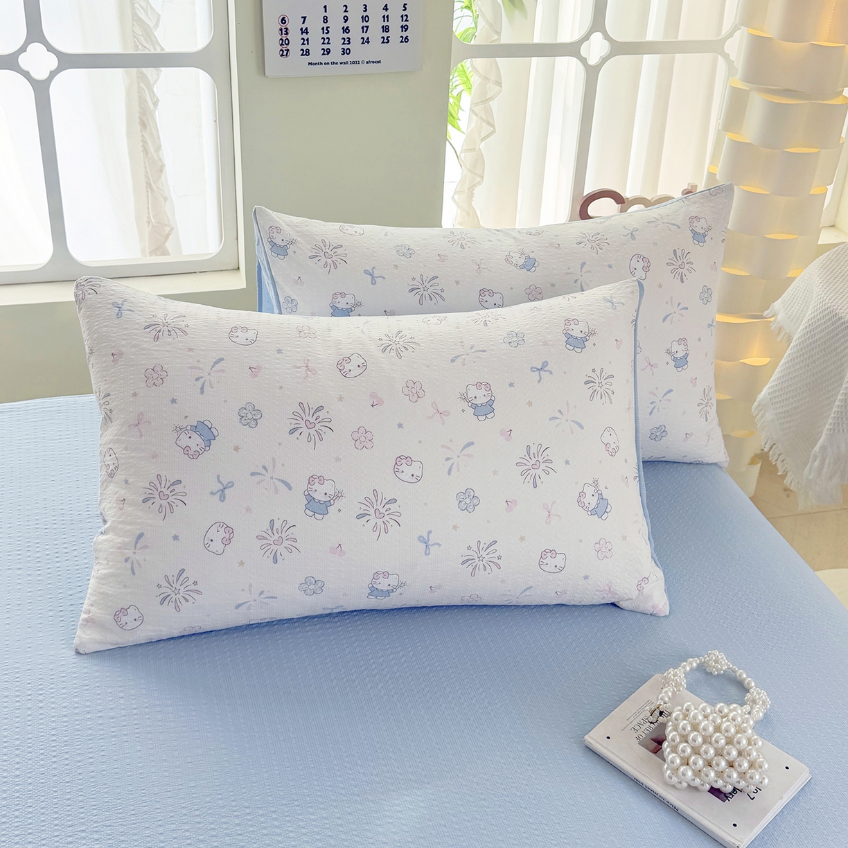 91家纺网 家纺一手货源 找家纺 悠米悠家 2026春夏新款高克重A类泡芙纱泡泡皱皱纱四件套 Kitty星光绽放-床单款