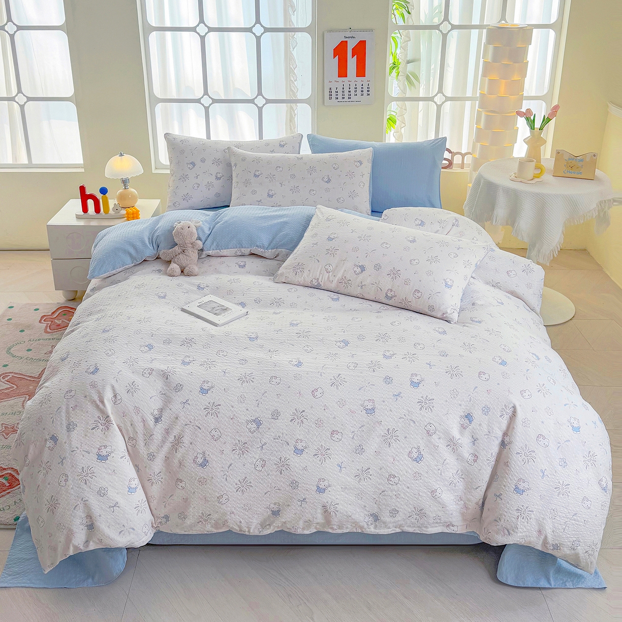 91家纺网 家纺一手货源 找家纺 悠米悠家 2026春夏新款高克重A类泡芙纱泡泡皱皱纱四件套 Kitty星光绽放-床单款