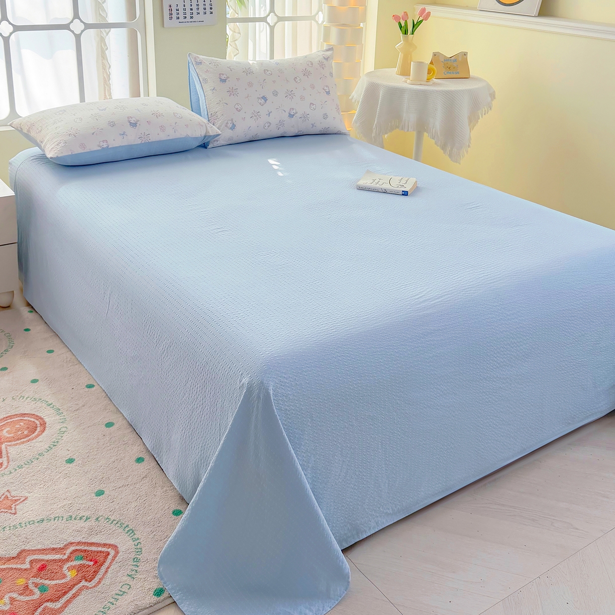 91家纺网 家纺一手货源 找家纺 悠米悠家 2026春夏新款高克重A类泡芙纱泡泡皱皱纱四件套 Kitty星光绽放-床单款