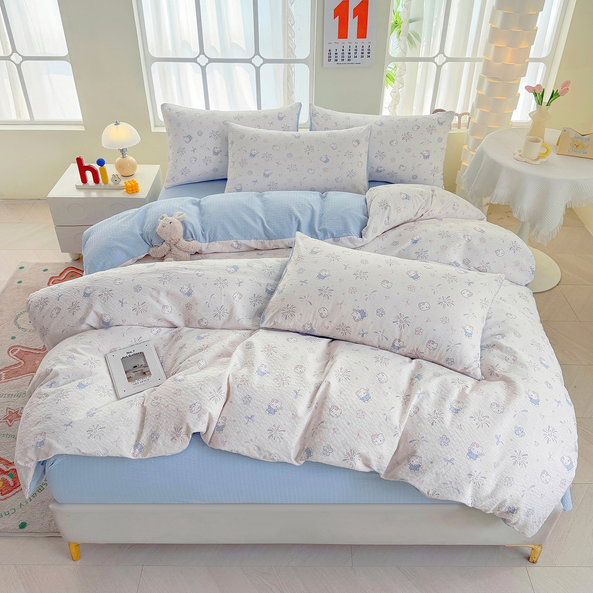 91家纺网 家纺一手货源 找家纺 悠米悠家 2026春夏新款高克重A类泡芙纱泡泡皱皱纱四件套 Kitty星光绽放-床单款