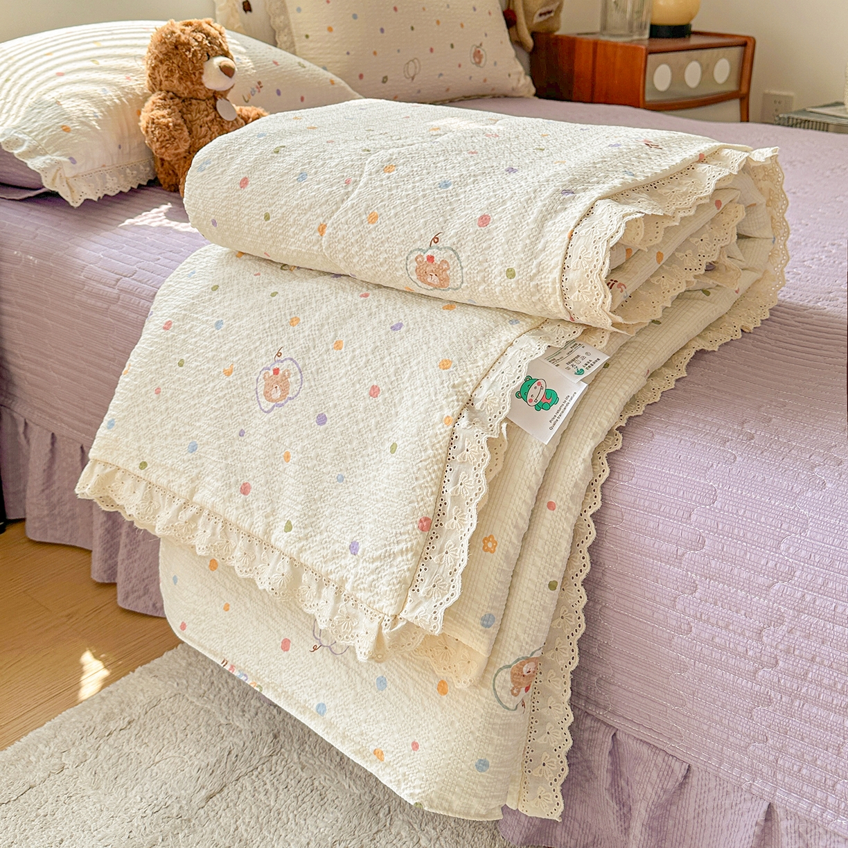 富米莱（原臻工厂） 2026新款全新花边款泡芙双层纱夏凉被床盖床裙四件套 蕾丝花边-彩点小熊