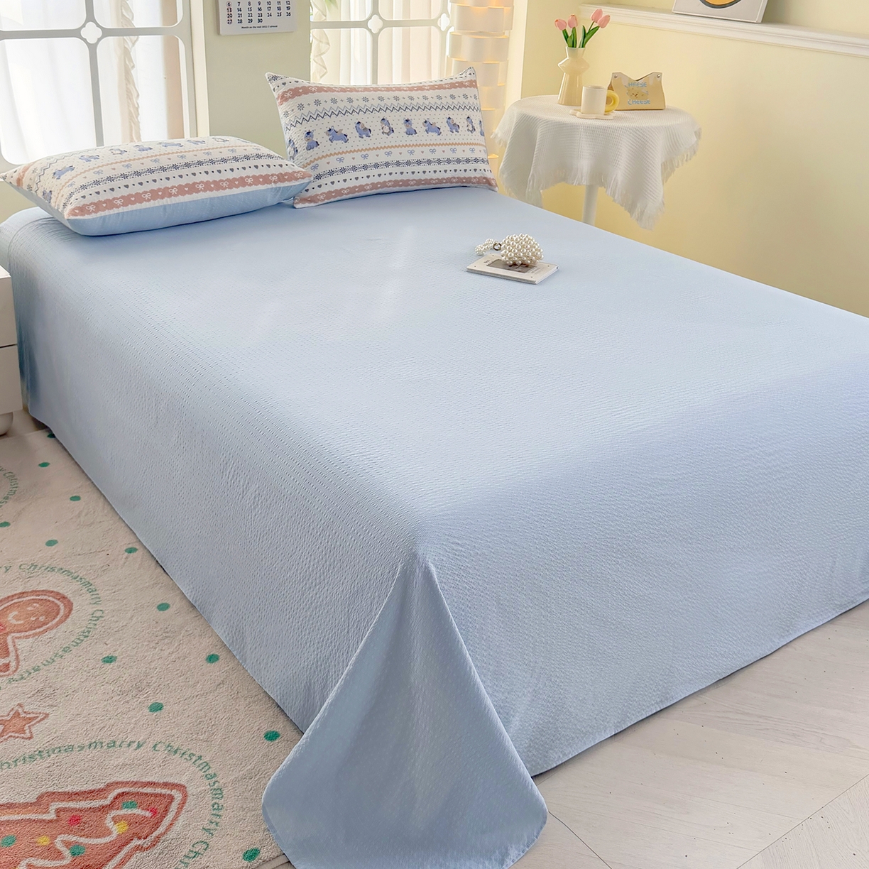 91家纺网 家纺一手货源 找家纺 悠米悠家 2026春夏新款高克重A类泡芙纱泡泡皱皱纱四件套 梦幻独角兽-床单款