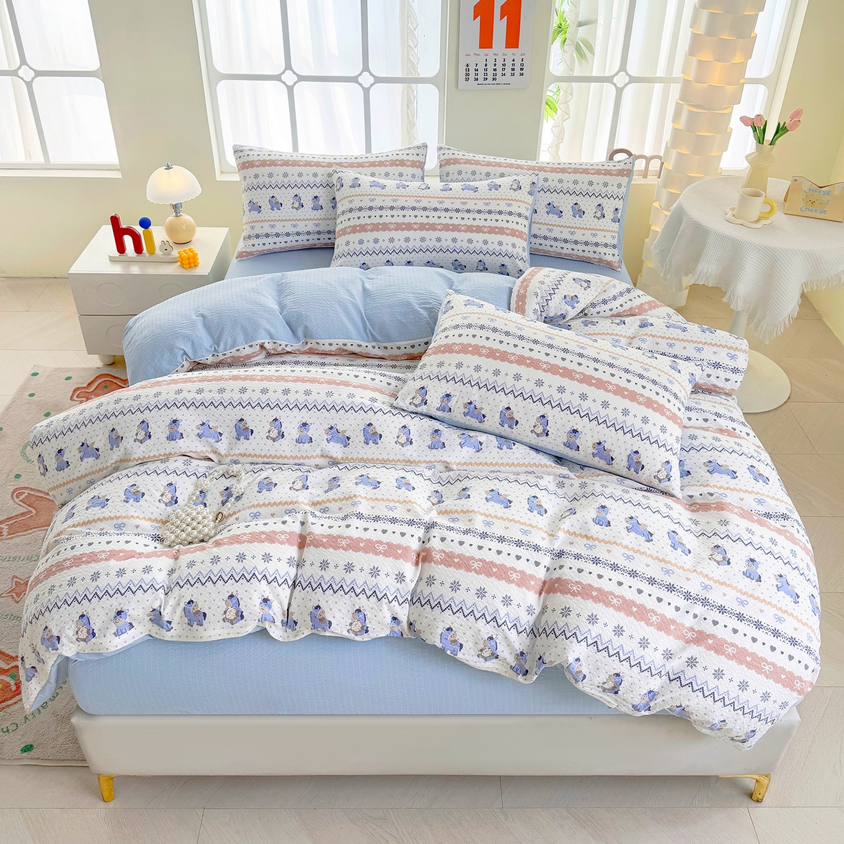 91家纺网 家纺一手货源 找家纺 悠米悠家 2026春夏新款高克重A类泡芙纱泡泡皱皱纱四件套 梦幻独角兽-床单款