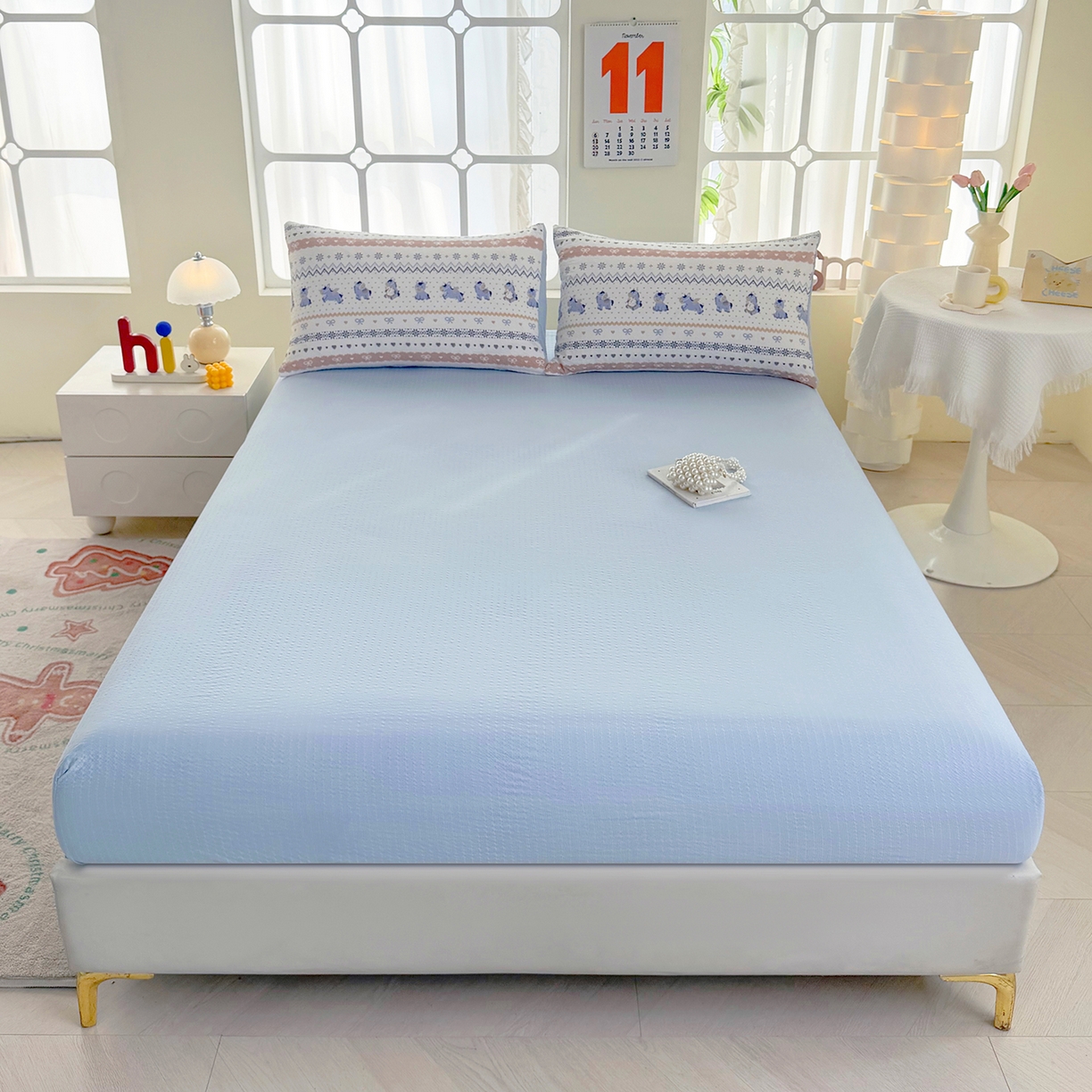 91家纺网 家纺一手货源 找家纺 悠米悠家 2026春夏新款高克重A类泡芙纱泡泡皱皱纱四件套 梦幻独角兽-床单款