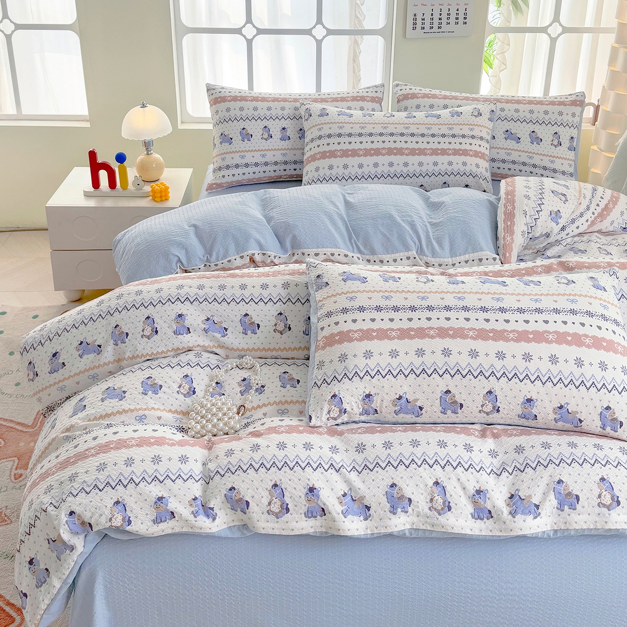 91家纺网 家纺一手货源 找家纺 悠米悠家 2026春夏新款高克重A类泡芙纱泡泡皱皱纱四件套 梦幻独角兽-床单款