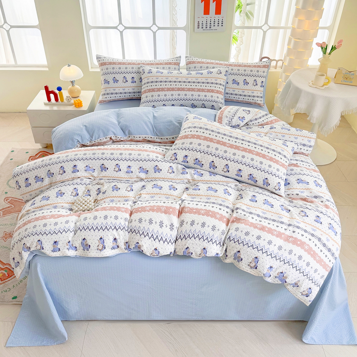 91家纺网 家纺一手货源 找家纺 悠米悠家 2026春夏新款高克重A类泡芙纱泡泡皱皱纱四件套 梦幻独角兽-床单款