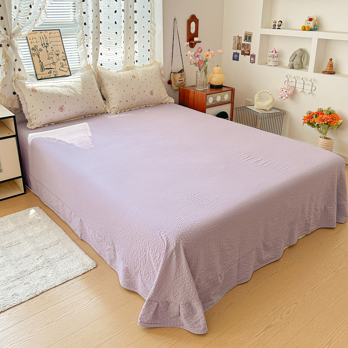 91家纺网 家纺一手货源 找家纺 富米莱（原臻工厂） 2026新款全新花边款泡芙双层纱夏凉被床盖床裙四件套 蕾丝花边-彩点小熊