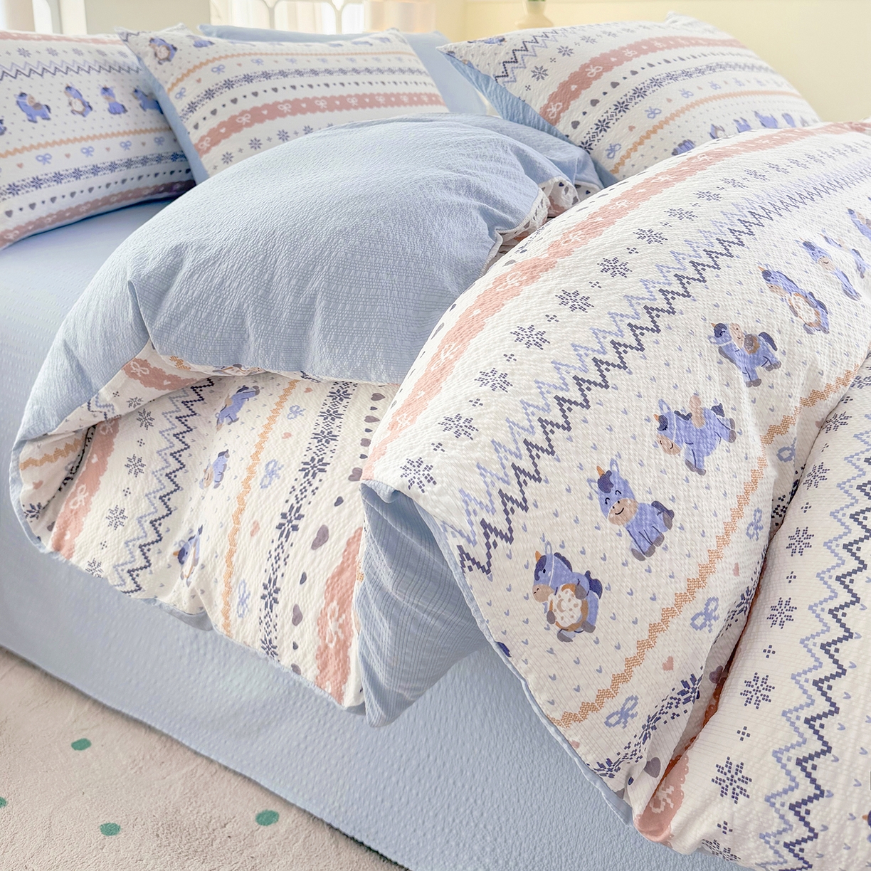 91家纺网 家纺一手货源 找家纺 悠米悠家 2026春夏新款高克重A类泡芙纱泡泡皱皱纱四件套 梦幻独角兽-床单款