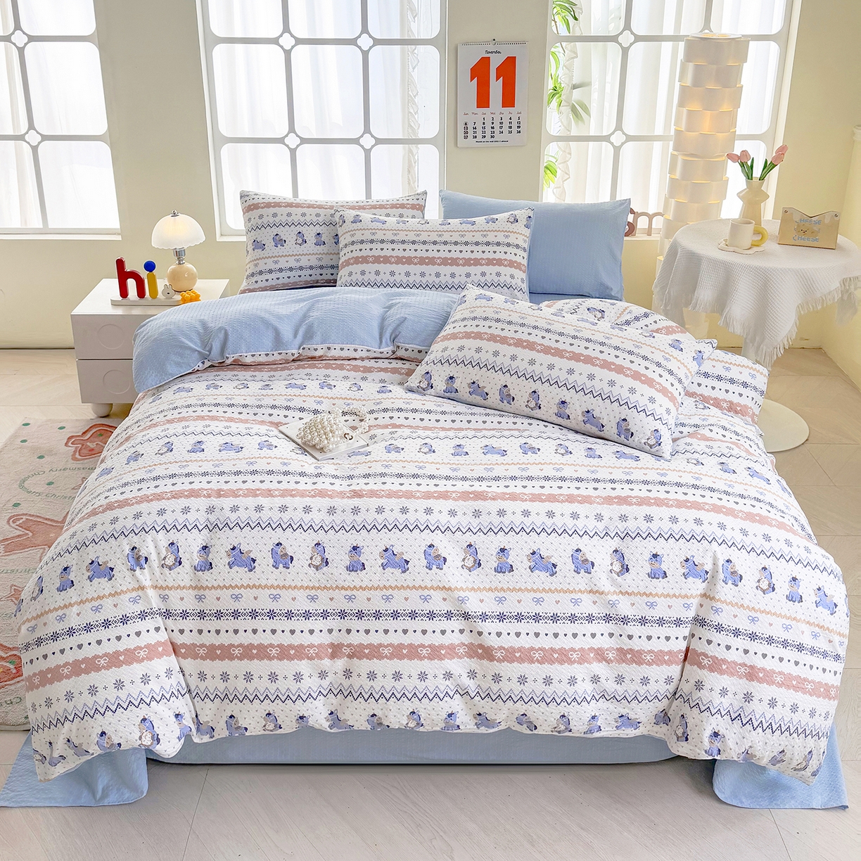 91家纺网 家纺一手货源 找家纺 悠米悠家 2026春夏新款高克重A类泡芙纱泡泡皱皱纱四件套 梦幻独角兽-床单款