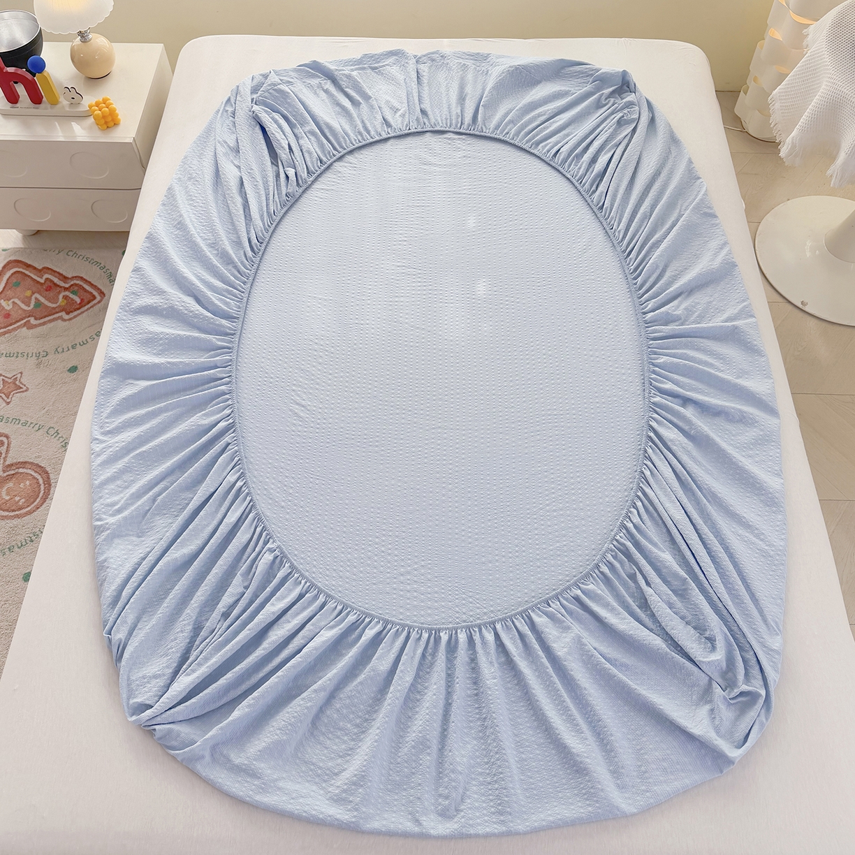 91家纺网 家纺一手货源 找家纺 悠米悠家 2026春夏新款高克重A类泡芙纱泡泡皱皱纱四件套 梦幻独角兽-床单款