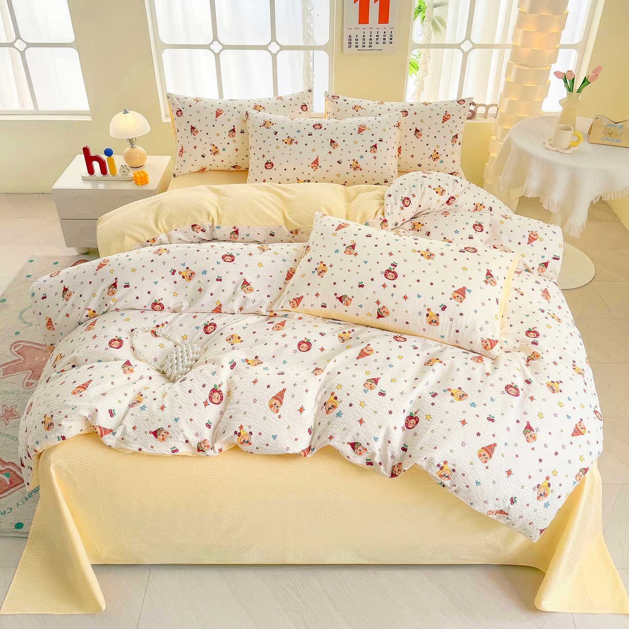 91家纺网 家纺一手货源 找家纺 悠米悠家 2026春夏新款高克重A类泡芙纱泡泡皱皱纱四件套 星梦游乐园-床单款