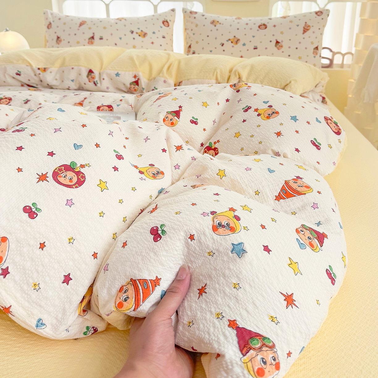 91家纺网 家纺一手货源 找家纺 悠米悠家 2026春夏新款高克重A类泡芙纱泡泡皱皱纱四件套 星梦游乐园-床单款