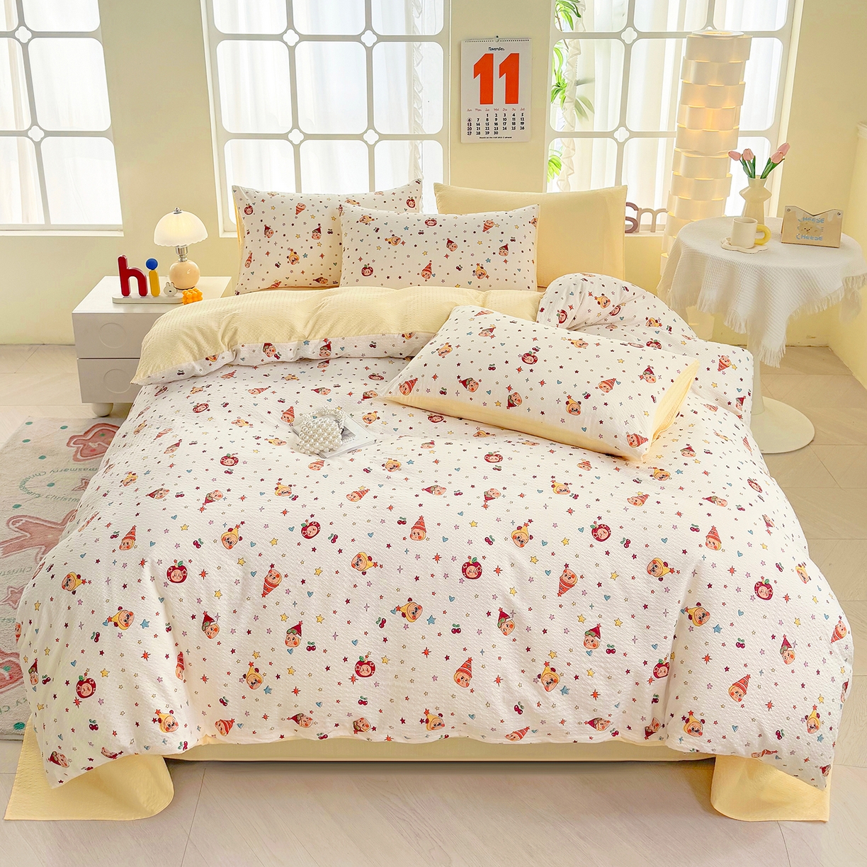 91家纺网 家纺一手货源 找家纺 悠米悠家 2026春夏新款高克重A类泡芙纱泡泡皱皱纱四件套 星梦游乐园-床单款