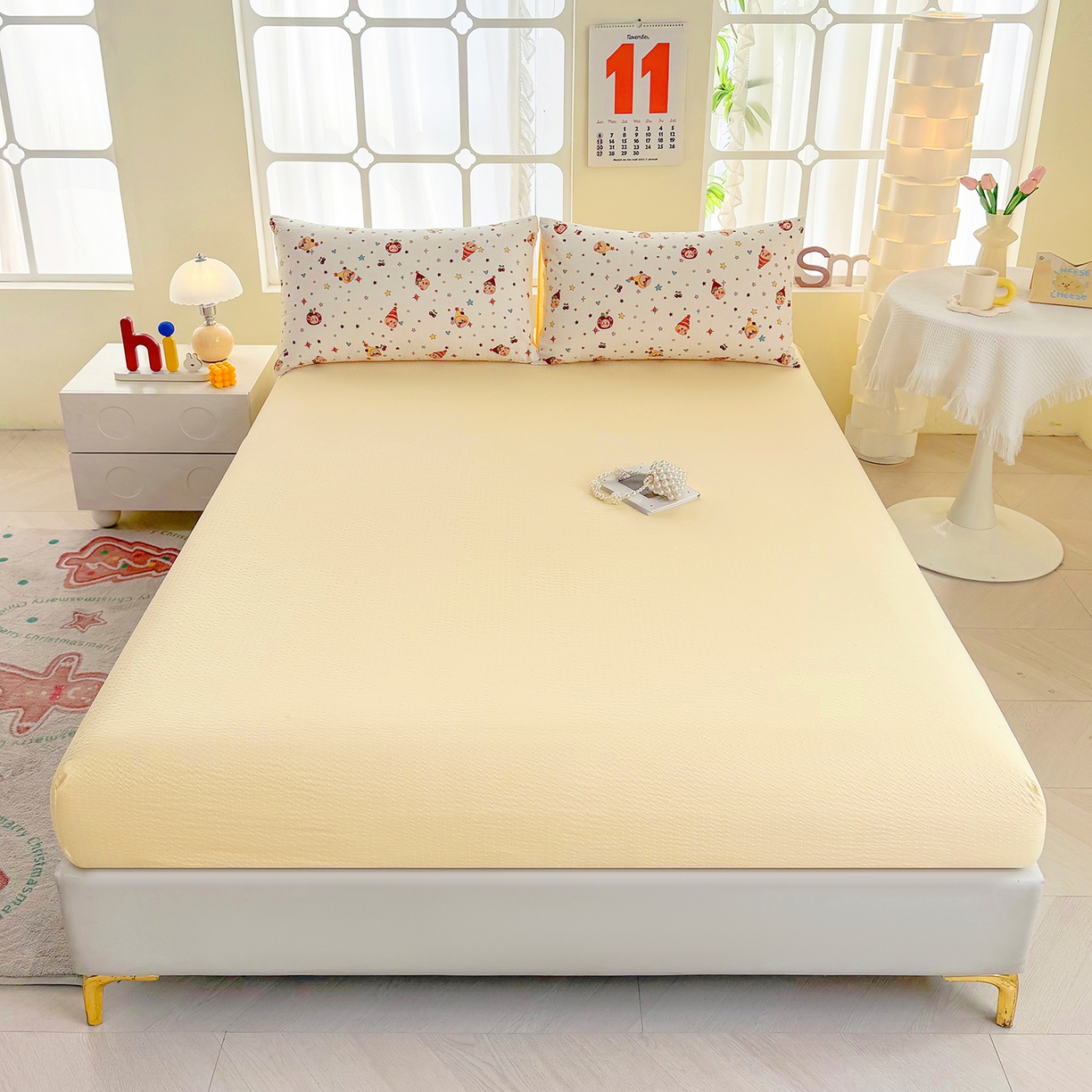 91家纺网 家纺一手货源 找家纺 悠米悠家 2026春夏新款高克重A类泡芙纱泡泡皱皱纱四件套 星梦游乐园-床单款