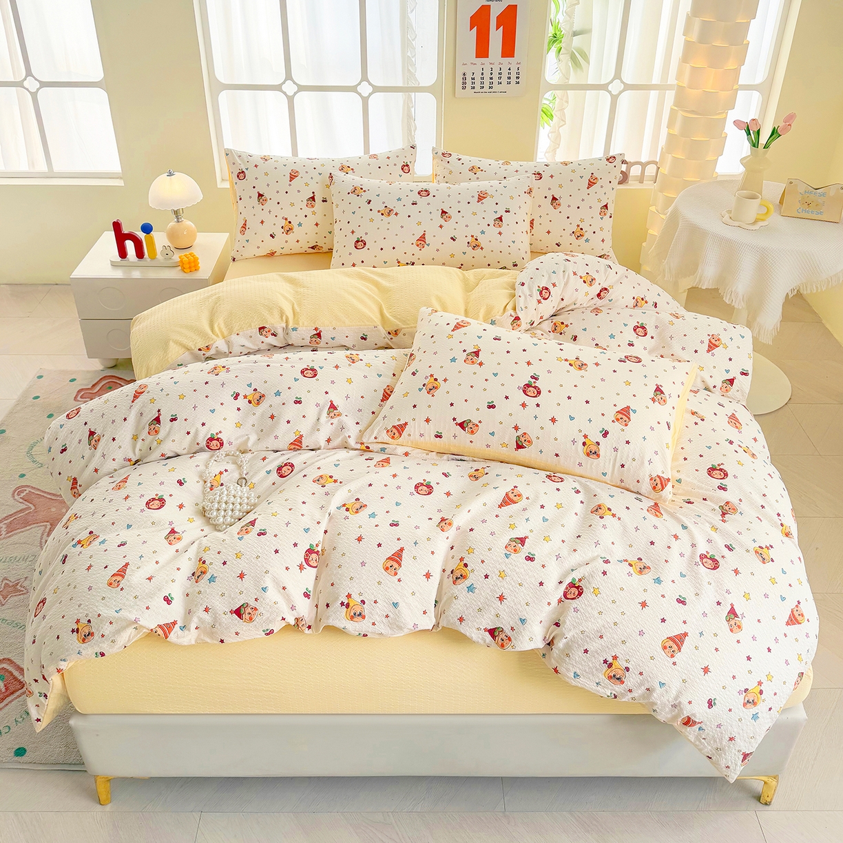 91家纺网 家纺一手货源 找家纺 悠米悠家 2026春夏新款高克重A类泡芙纱泡泡皱皱纱四件套 星梦游乐园-床单款