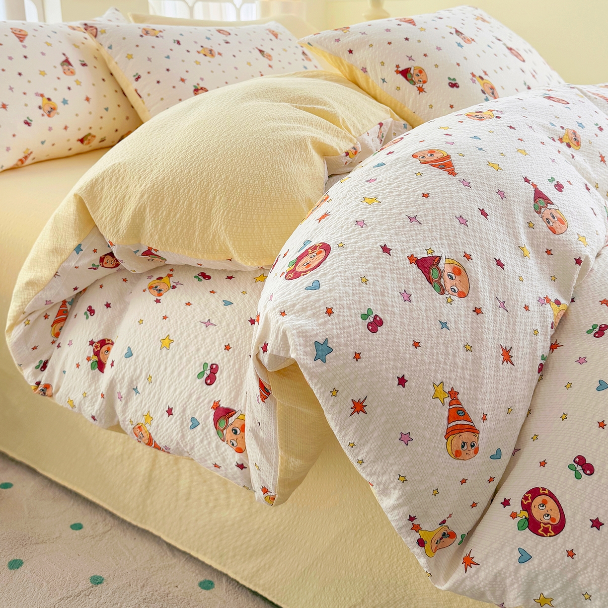 91家纺网 家纺一手货源 找家纺 悠米悠家 2026春夏新款高克重A类泡芙纱泡泡皱皱纱四件套 星梦游乐园-床单款