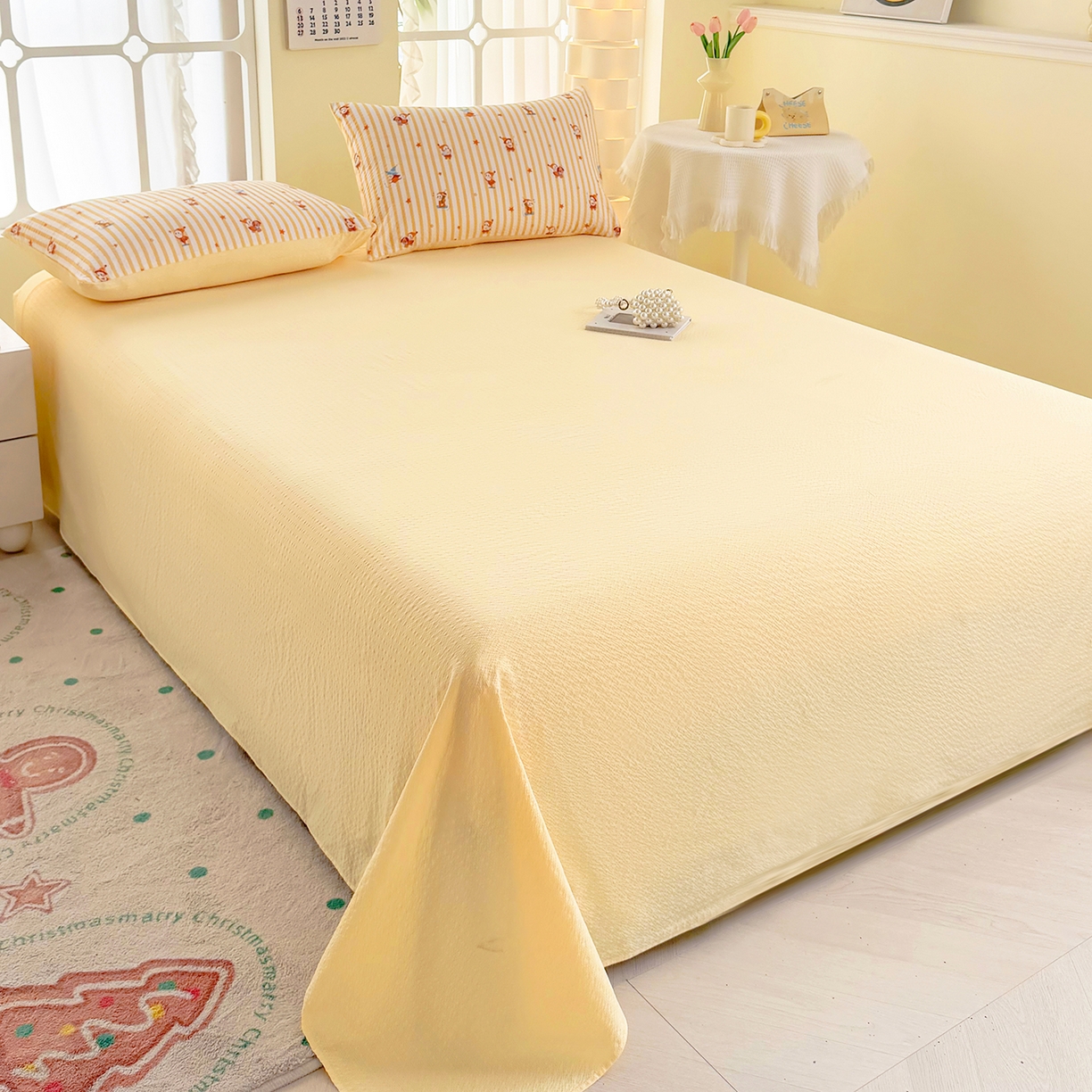 91家纺网 家纺一手货源 找家纺 悠米悠家 2026春夏新款高克重A类泡芙纱泡泡皱皱纱四件套 矮人国奇妙夜-床单款