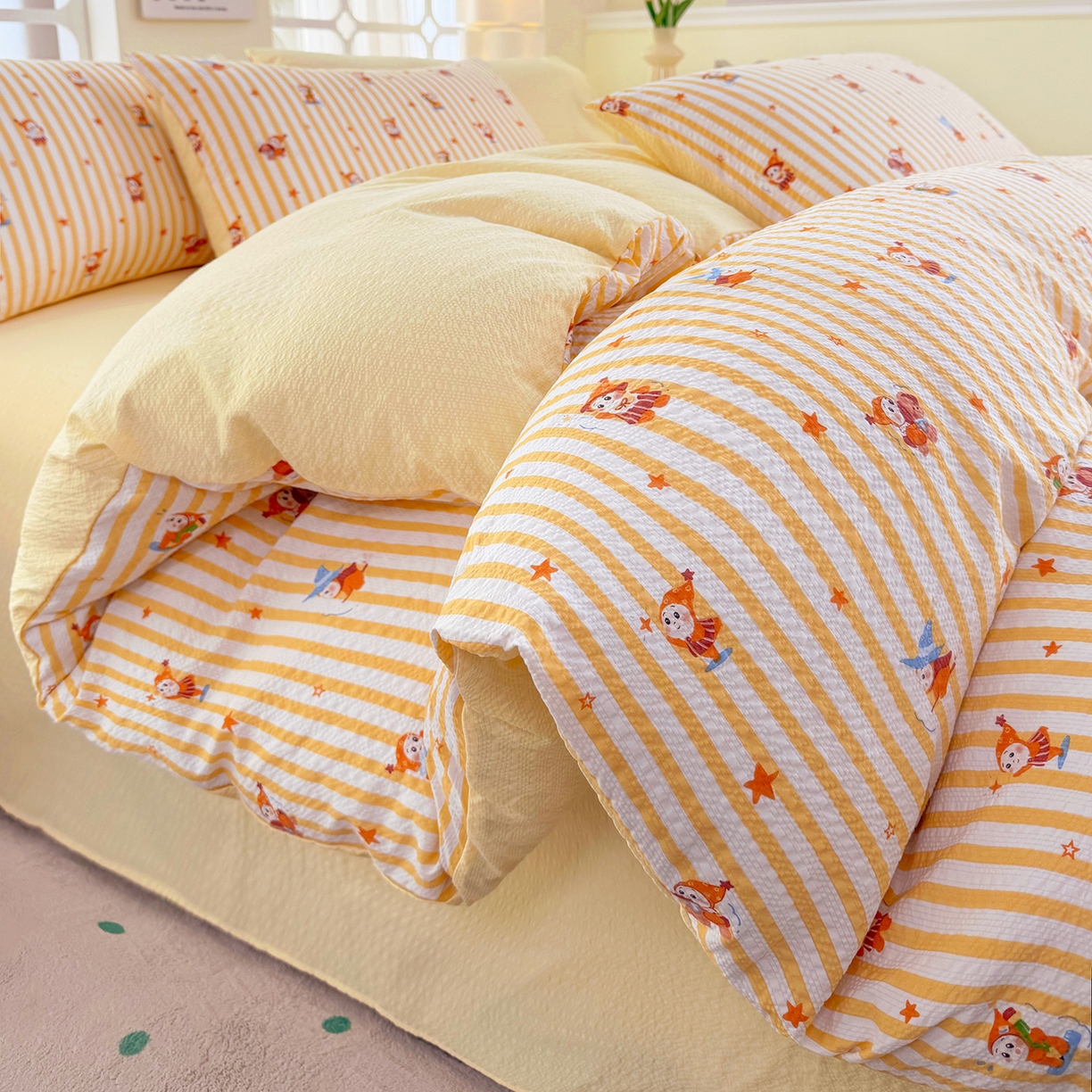 91家纺网 家纺一手货源 找家纺 悠米悠家 2026春夏新款高克重A类泡芙纱泡泡皱皱纱四件套 矮人国奇妙夜-床单款