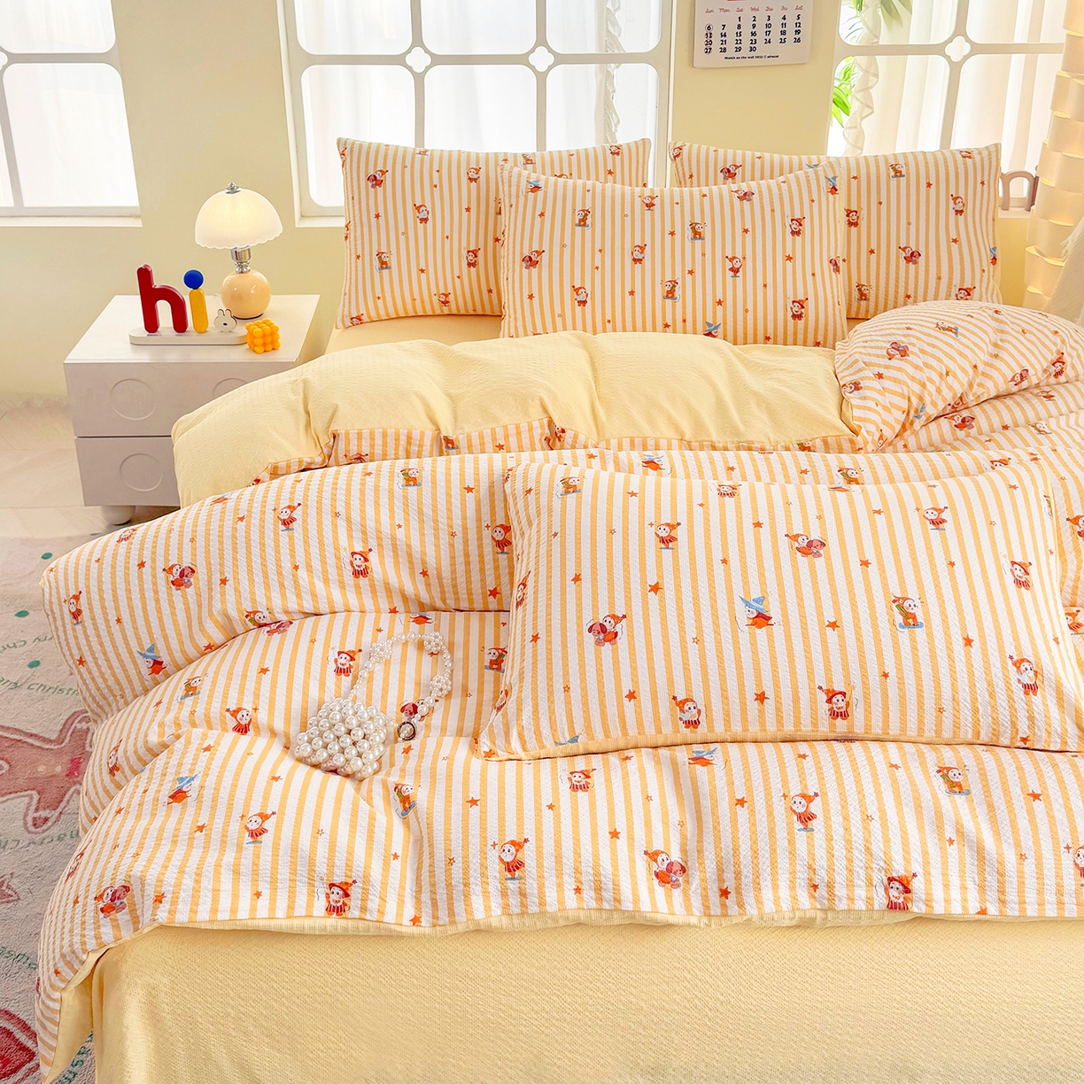 91家纺网 家纺一手货源 找家纺 悠米悠家 2026春夏新款高克重A类泡芙纱泡泡皱皱纱四件套 矮人国奇妙夜-床单款