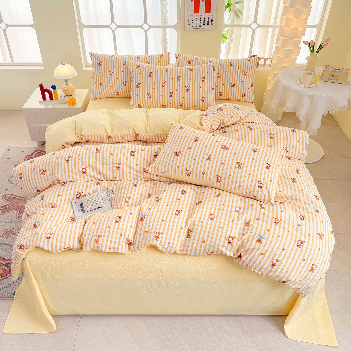 91家纺网 家纺一手货源 找家纺 悠米悠家 2026春夏新款高克重A类泡芙纱泡泡皱皱纱四件套 矮人国奇妙夜-床单款