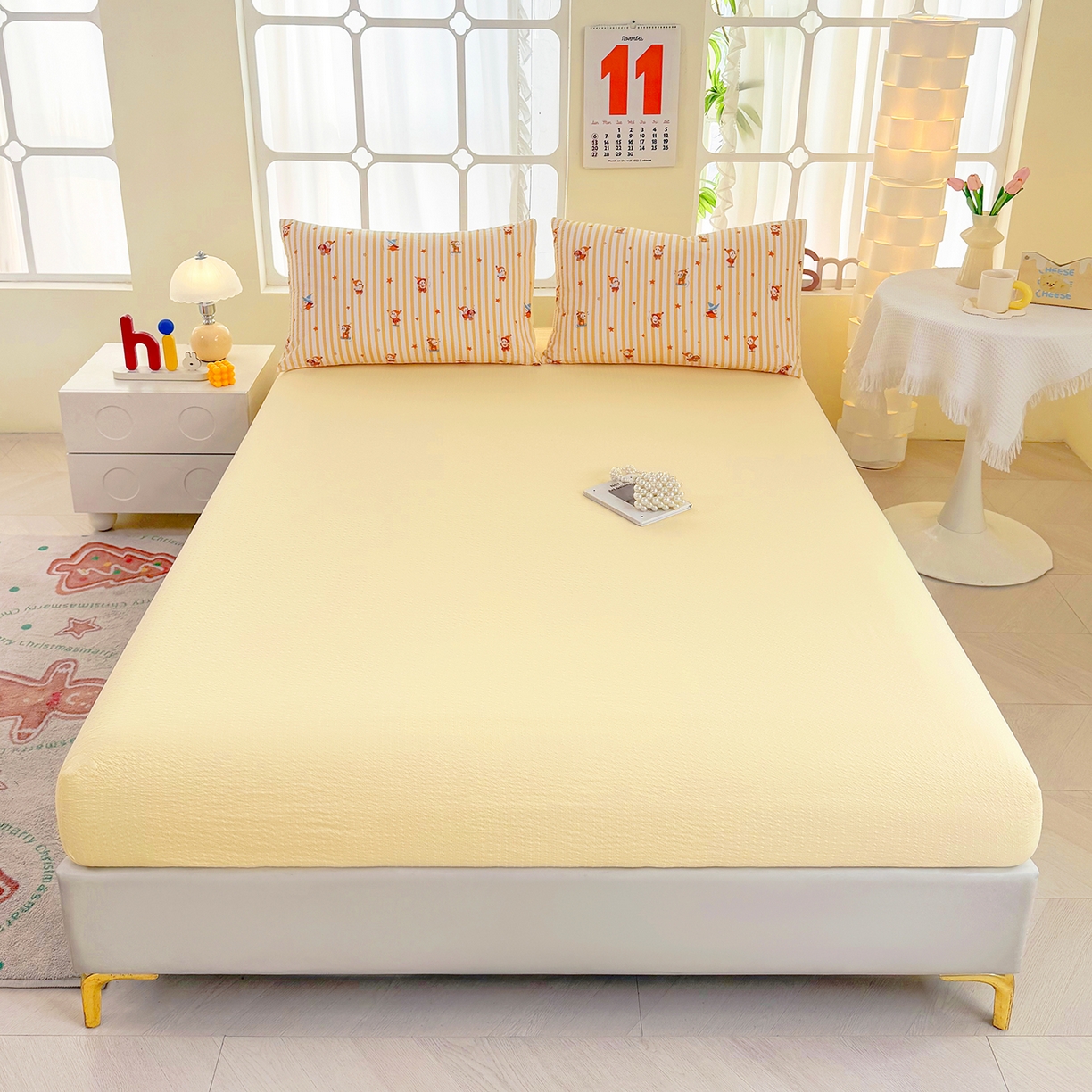 91家纺网 家纺一手货源 找家纺 悠米悠家 2026春夏新款高克重A类泡芙纱泡泡皱皱纱四件套 矮人国奇妙夜-床单款