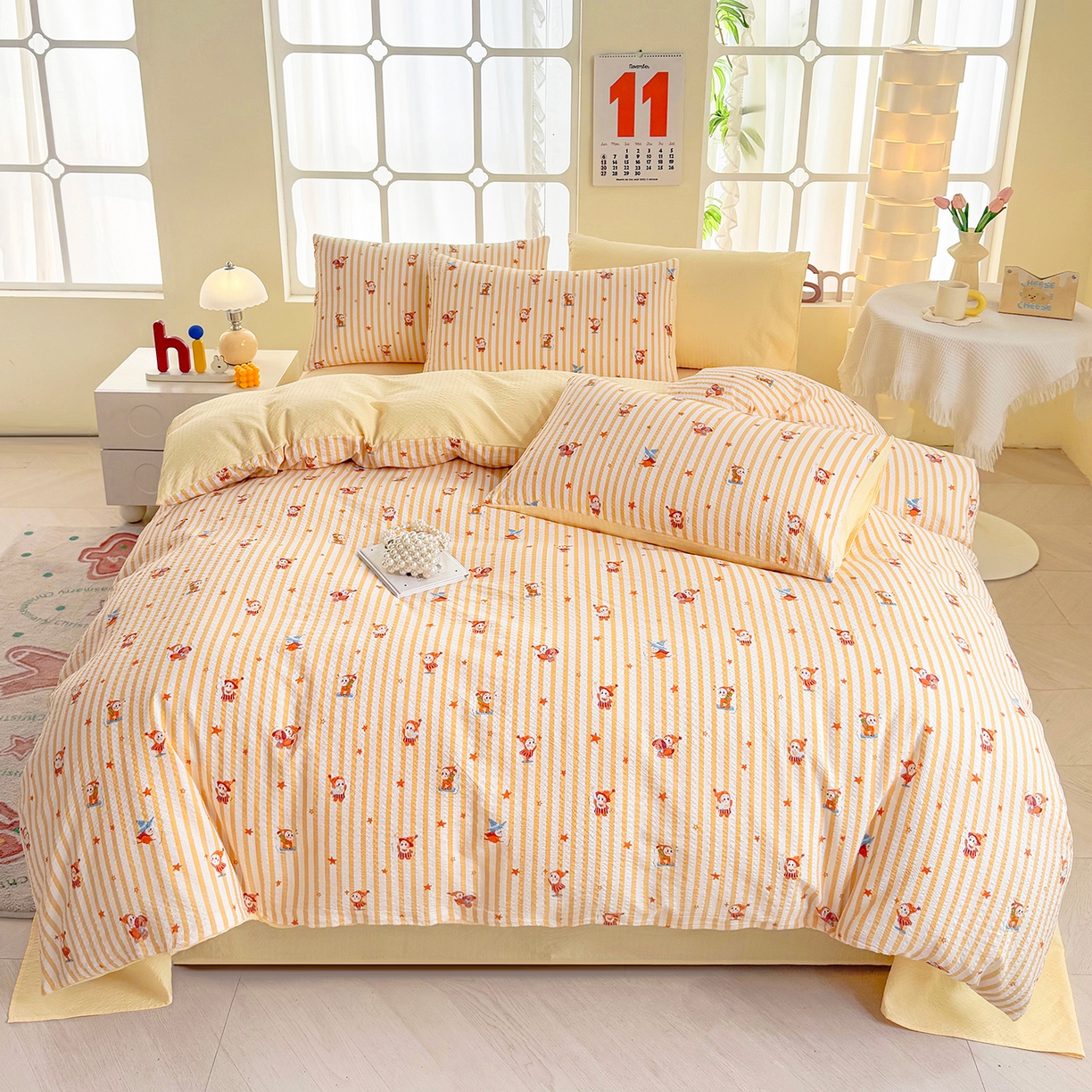 91家纺网 家纺一手货源 找家纺 悠米悠家 2026春夏新款高克重A类泡芙纱泡泡皱皱纱四件套 矮人国奇妙夜-床单款