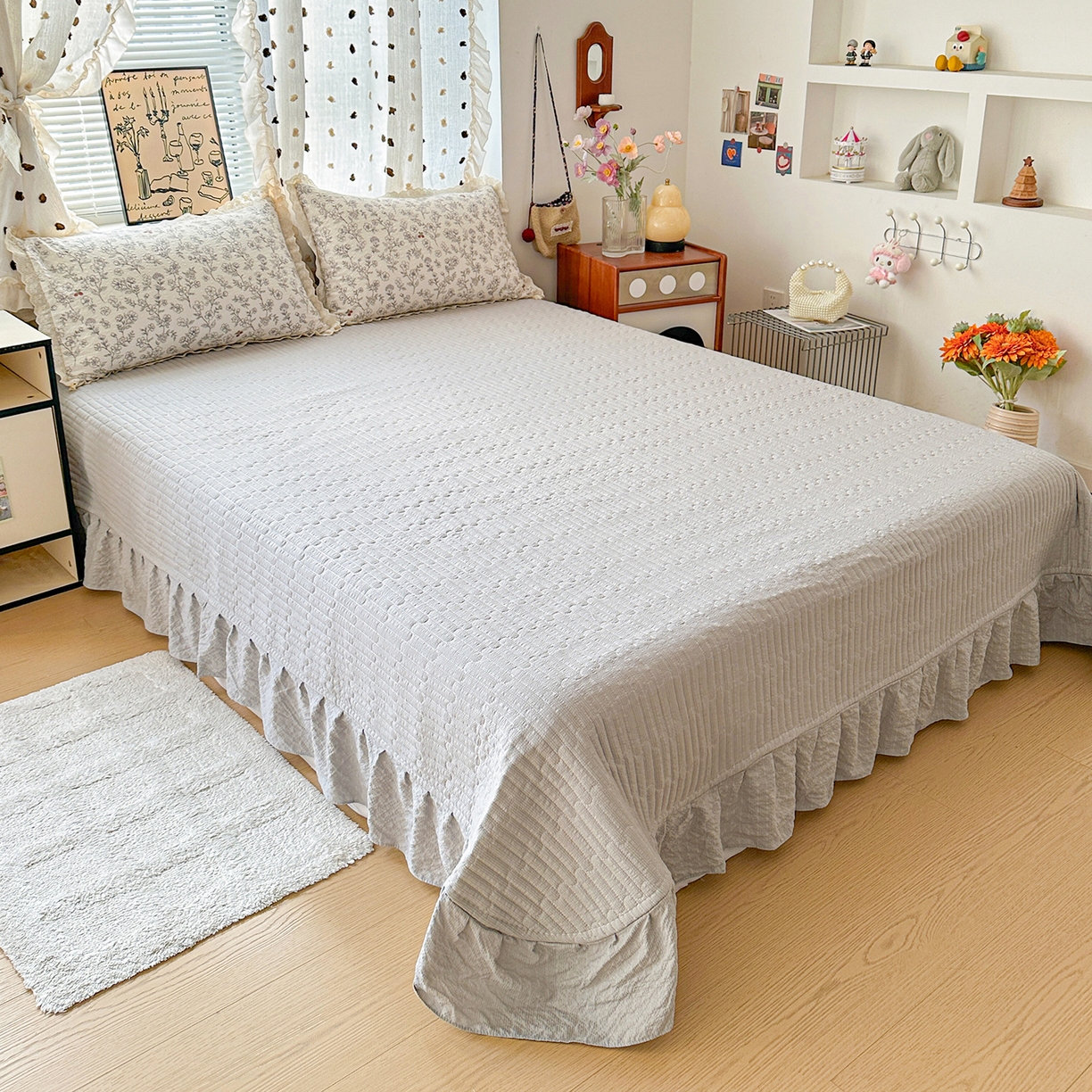 91家纺网 家纺一手货源 找家纺 富米莱（原臻工厂） 2026新款全新花边款泡芙双层纱夏凉被床盖床裙四件套 蕾丝花边-红豆生南国