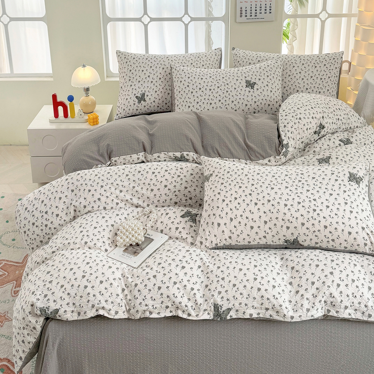 91家纺网 家纺一手货源 找家纺 悠米悠家 2026春夏新款高克重A类泡芙纱泡泡皱皱纱四件套 墨染春枝-蝶舞-床单款