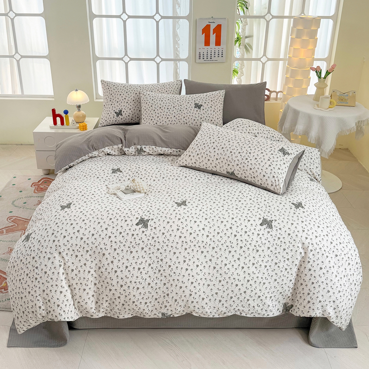 91家纺网 家纺一手货源 找家纺 悠米悠家 2026春夏新款高克重A类泡芙纱泡泡皱皱纱四件套 墨染春枝-蝶舞-床单款