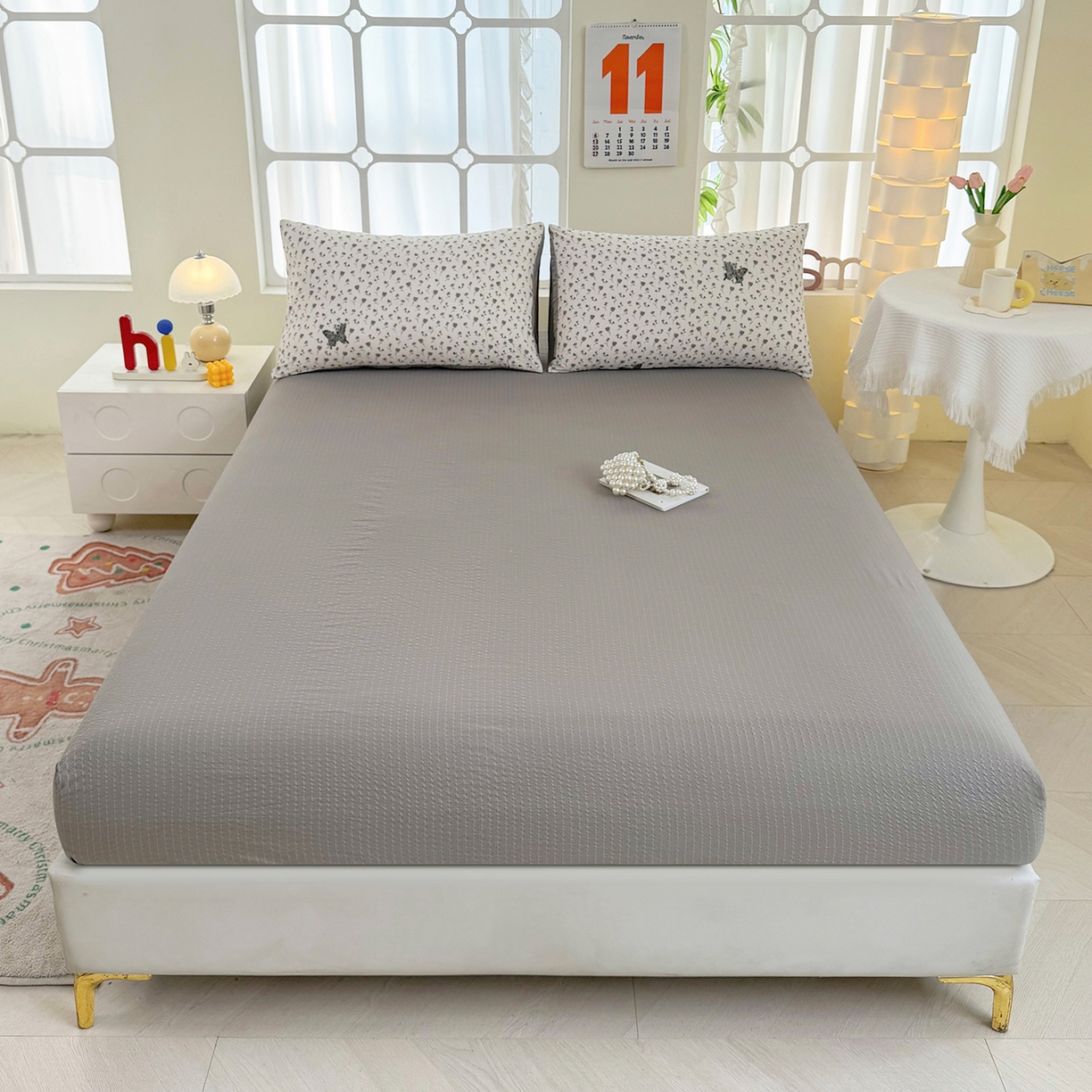 91家纺网 家纺一手货源 找家纺 悠米悠家 2026春夏新款高克重A类泡芙纱泡泡皱皱纱四件套 墨染春枝-蝶舞-床单款