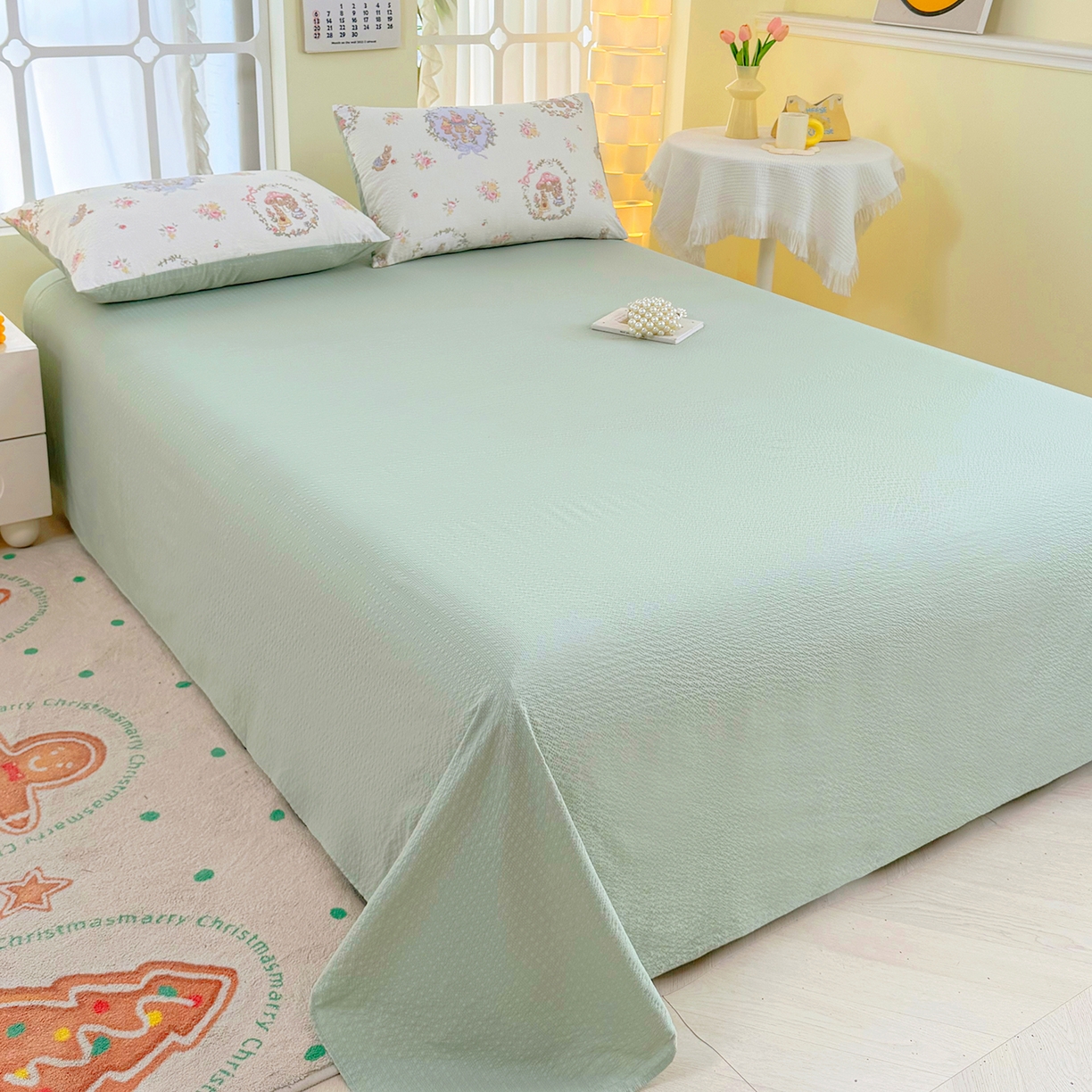 91家纺网 家纺一手货源 找家纺 悠米悠家 2026春夏新款高克重A类泡芙纱泡泡皱皱纱四件套 森林读书会-床单款