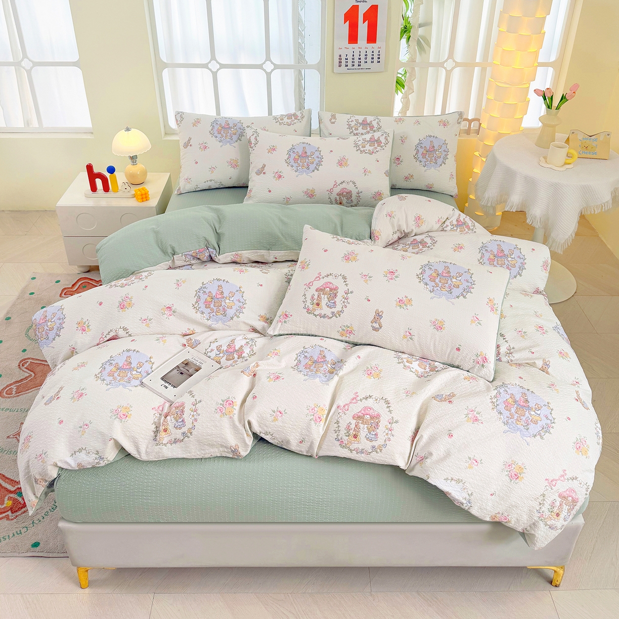 91家纺网 家纺一手货源 找家纺 悠米悠家 2026春夏新款高克重A类泡芙纱泡泡皱皱纱四件套 森林读书会-床单款