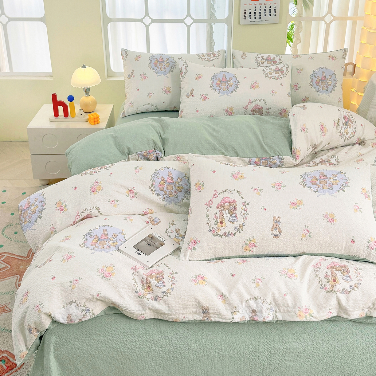 91家纺网 家纺一手货源 找家纺 悠米悠家 2026春夏新款高克重A类泡芙纱泡泡皱皱纱四件套 森林读书会-床单款