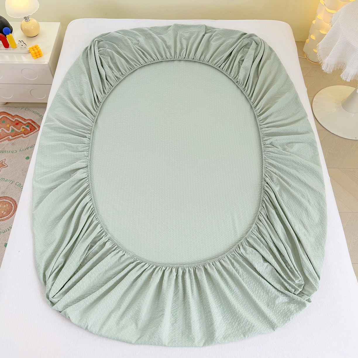 91家纺网 家纺一手货源 找家纺 悠米悠家 2026春夏新款高克重A类泡芙纱泡泡皱皱纱四件套 森林读书会-床单款