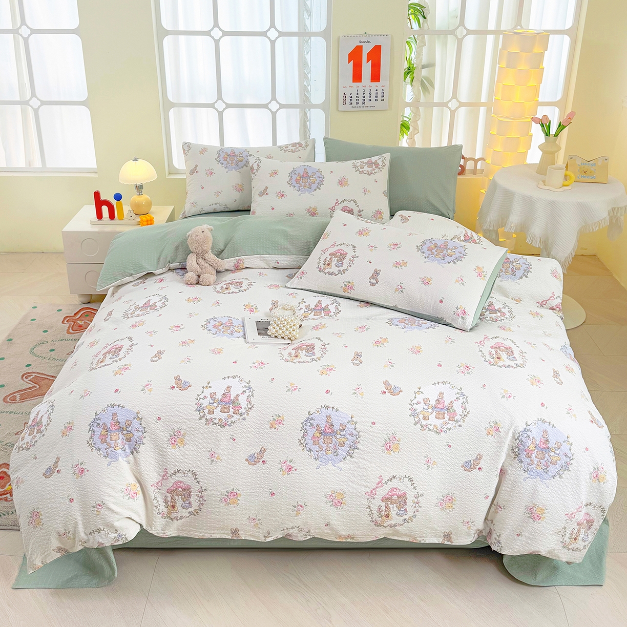 91家纺网 家纺一手货源 找家纺 悠米悠家 2026春夏新款高克重A类泡芙纱泡泡皱皱纱四件套 森林读书会-床单款