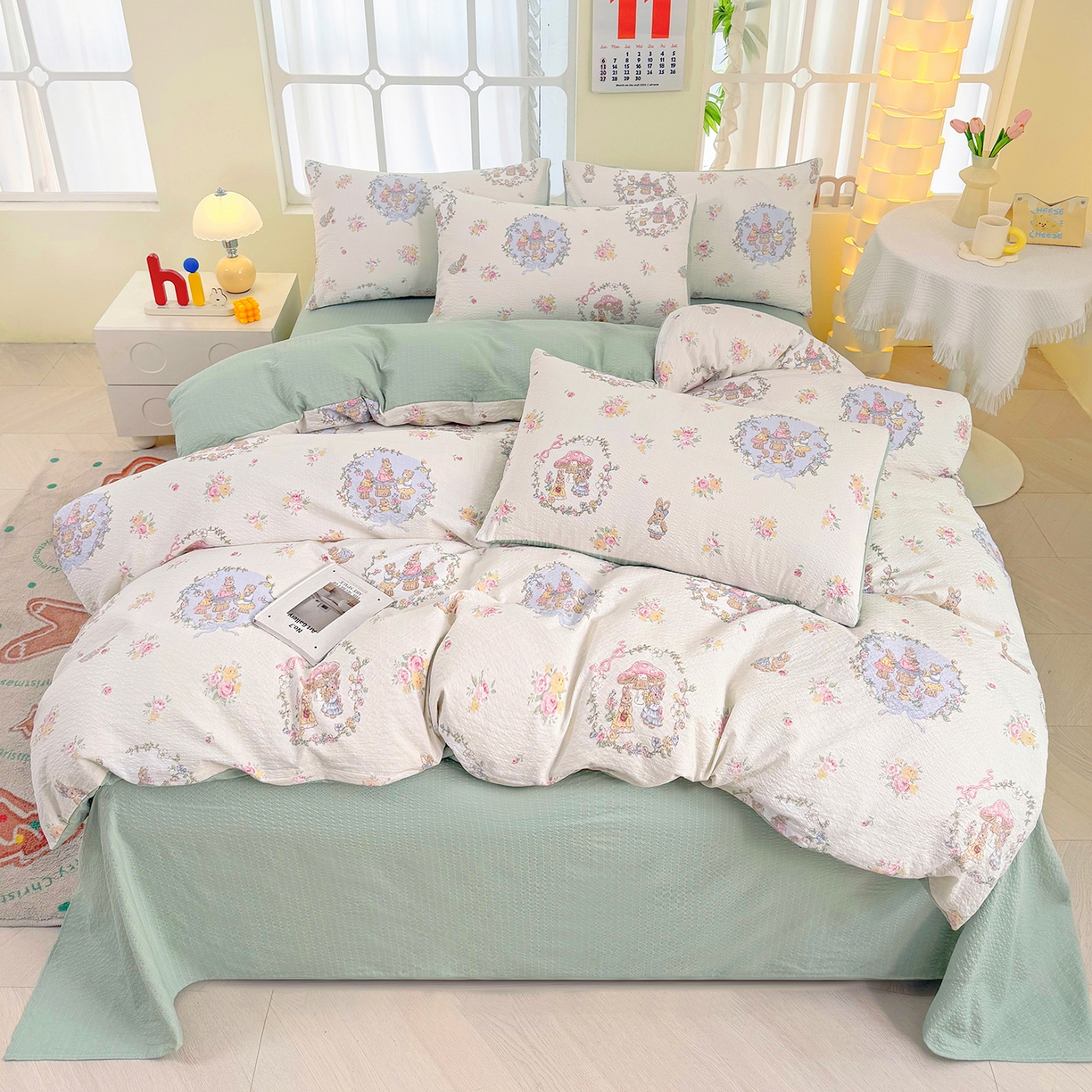 91家纺网 家纺一手货源 找家纺 悠米悠家 2026春夏新款高克重A类泡芙纱泡泡皱皱纱四件套 森林读书会-床单款