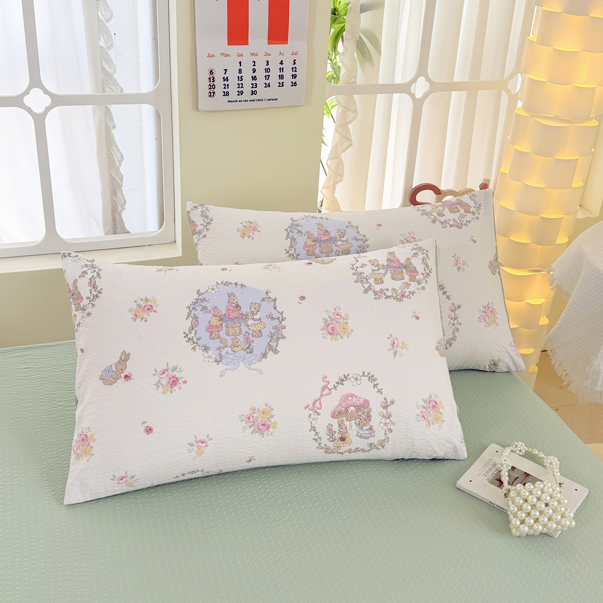 91家纺网 家纺一手货源 找家纺 悠米悠家 2026春夏新款高克重A类泡芙纱泡泡皱皱纱四件套 森林读书会-床单款