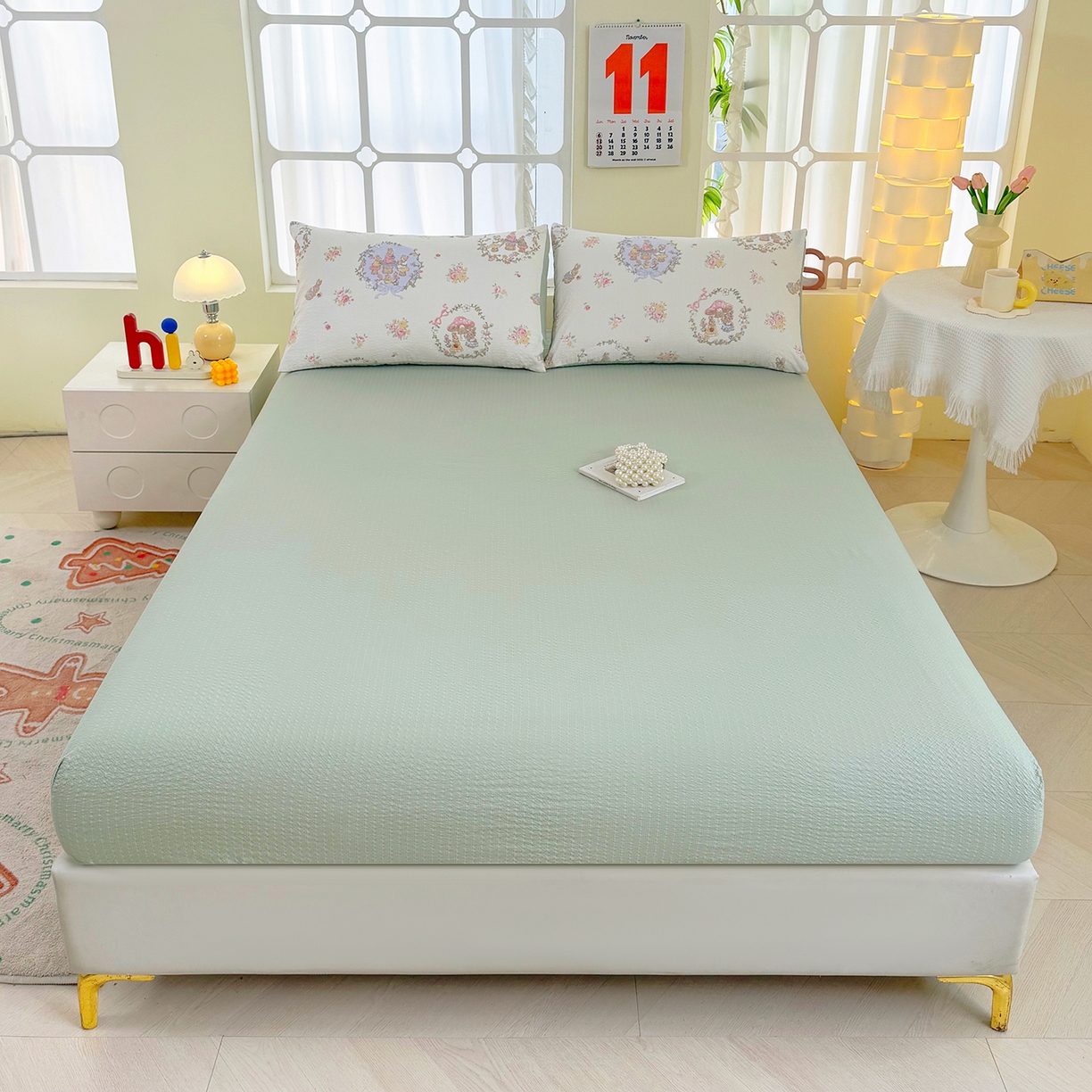 91家纺网 家纺一手货源 找家纺 悠米悠家 2026春夏新款高克重A类泡芙纱泡泡皱皱纱四件套 森林读书会-床单款