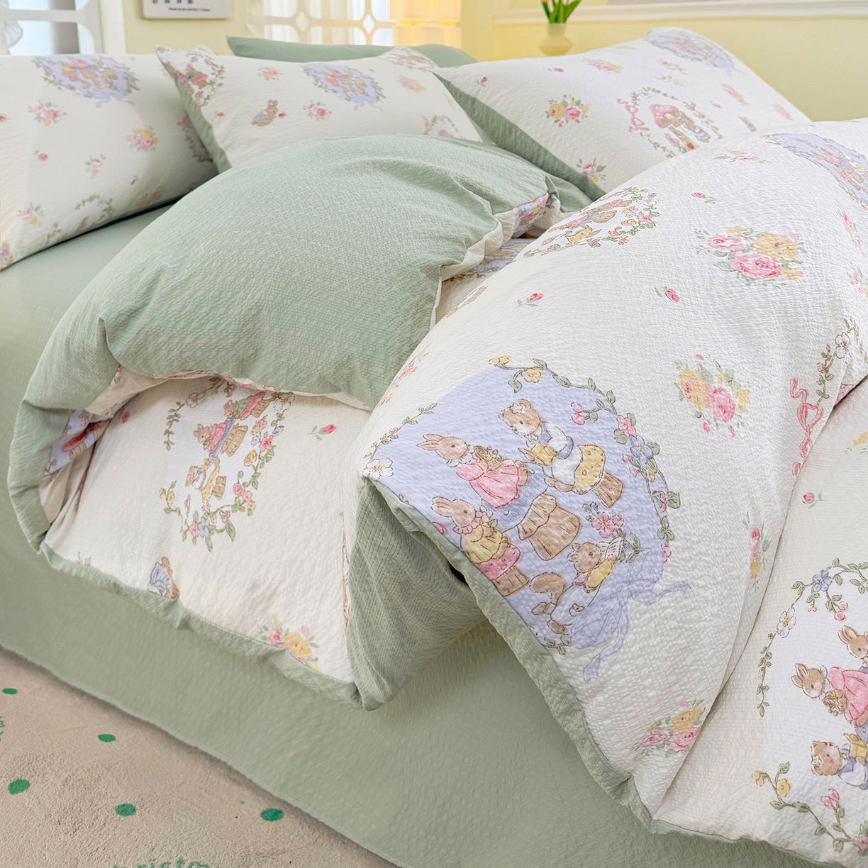 91家纺网 家纺一手货源 找家纺 悠米悠家 2026春夏新款高克重A类泡芙纱泡泡皱皱纱四件套 森林读书会-床单款