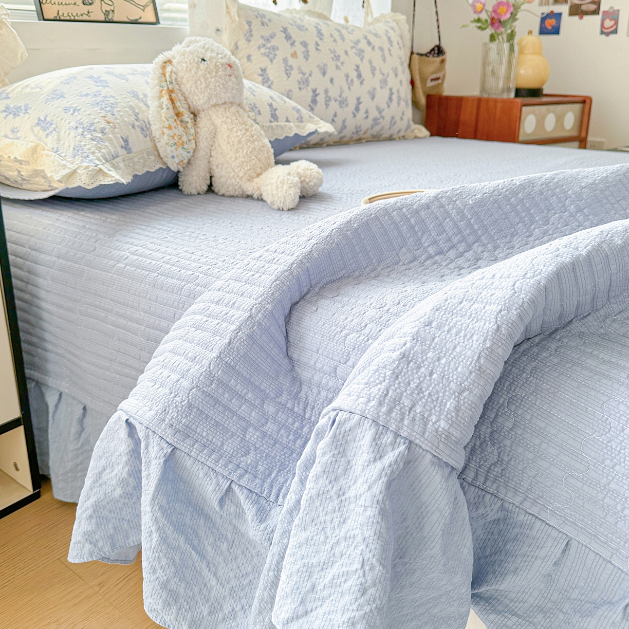 91家纺网 家纺一手货源 找家纺 富米莱（原臻工厂） 2026新款全新花边款泡芙双层纱夏凉被床盖床裙四件套 蕾丝花边-花屿蓝梦