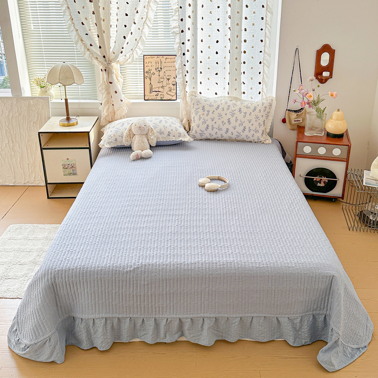 91家纺网 家纺一手货源 找家纺 富米莱（原臻工厂） 2026新款全新花边款泡芙双层纱夏凉被床盖床裙四件套 蕾丝花边-花屿蓝梦