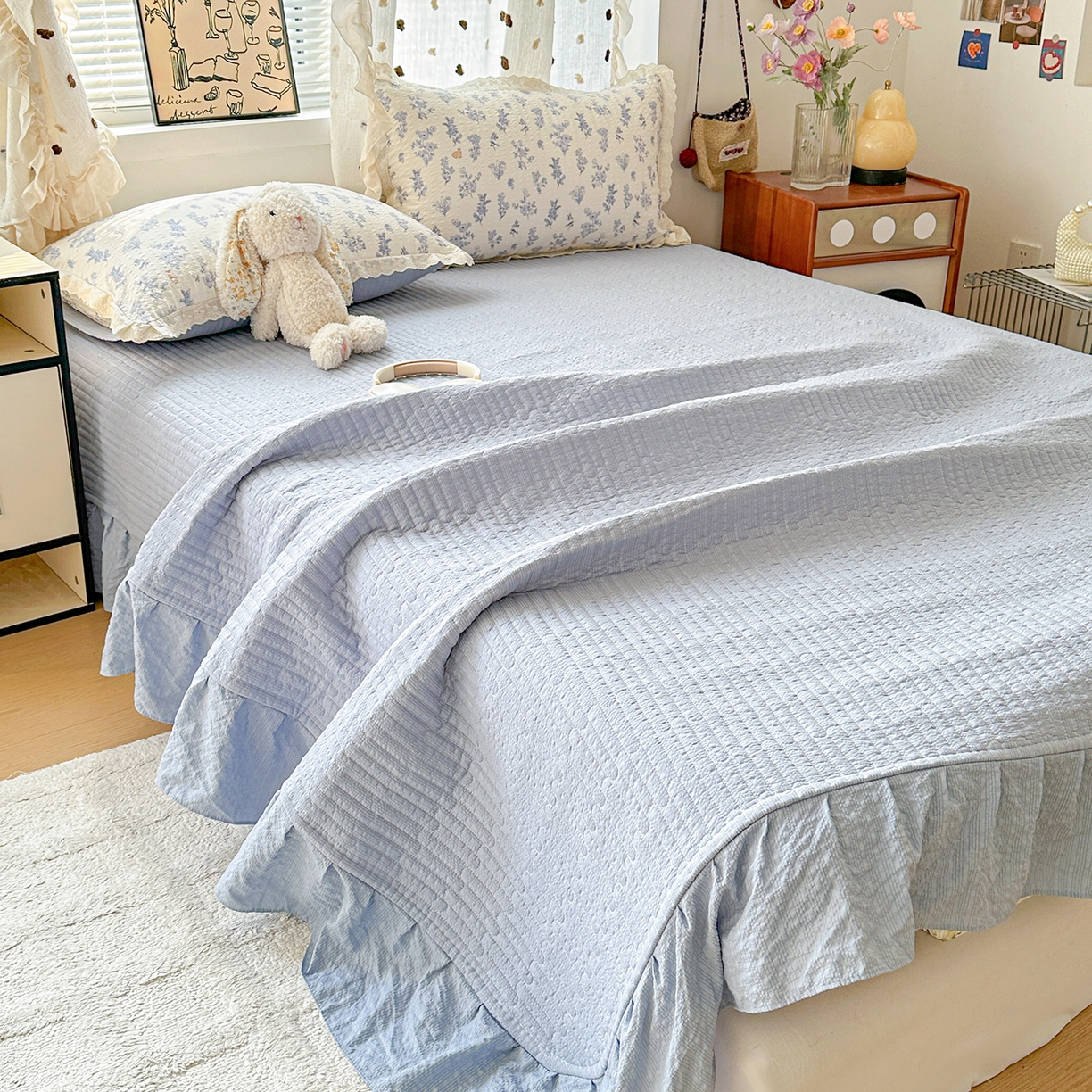 91家纺网 家纺一手货源 找家纺 富米莱（原臻工厂） 2026新款全新花边款泡芙双层纱夏凉被床盖床裙四件套 蕾丝花边-花屿蓝梦