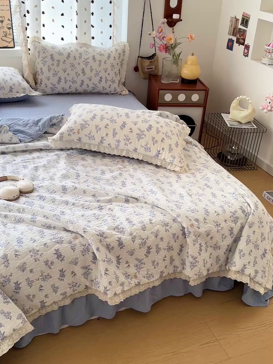 91家纺网 家纺一手货源 找家纺 富米莱（原臻工厂） 2026新款全新花边款泡芙双层纱夏凉被床盖床裙四件套 蕾丝花边-花屿蓝梦
