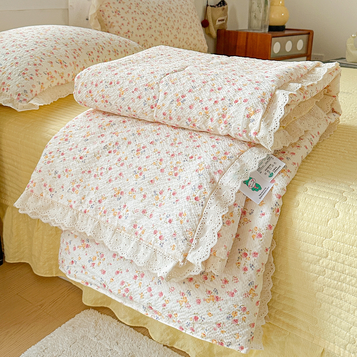 富米莱（原臻工厂） 2026新款全新花边款泡芙双层纱夏凉被床盖床裙四件套 蕾丝花边-黄油小碎花
