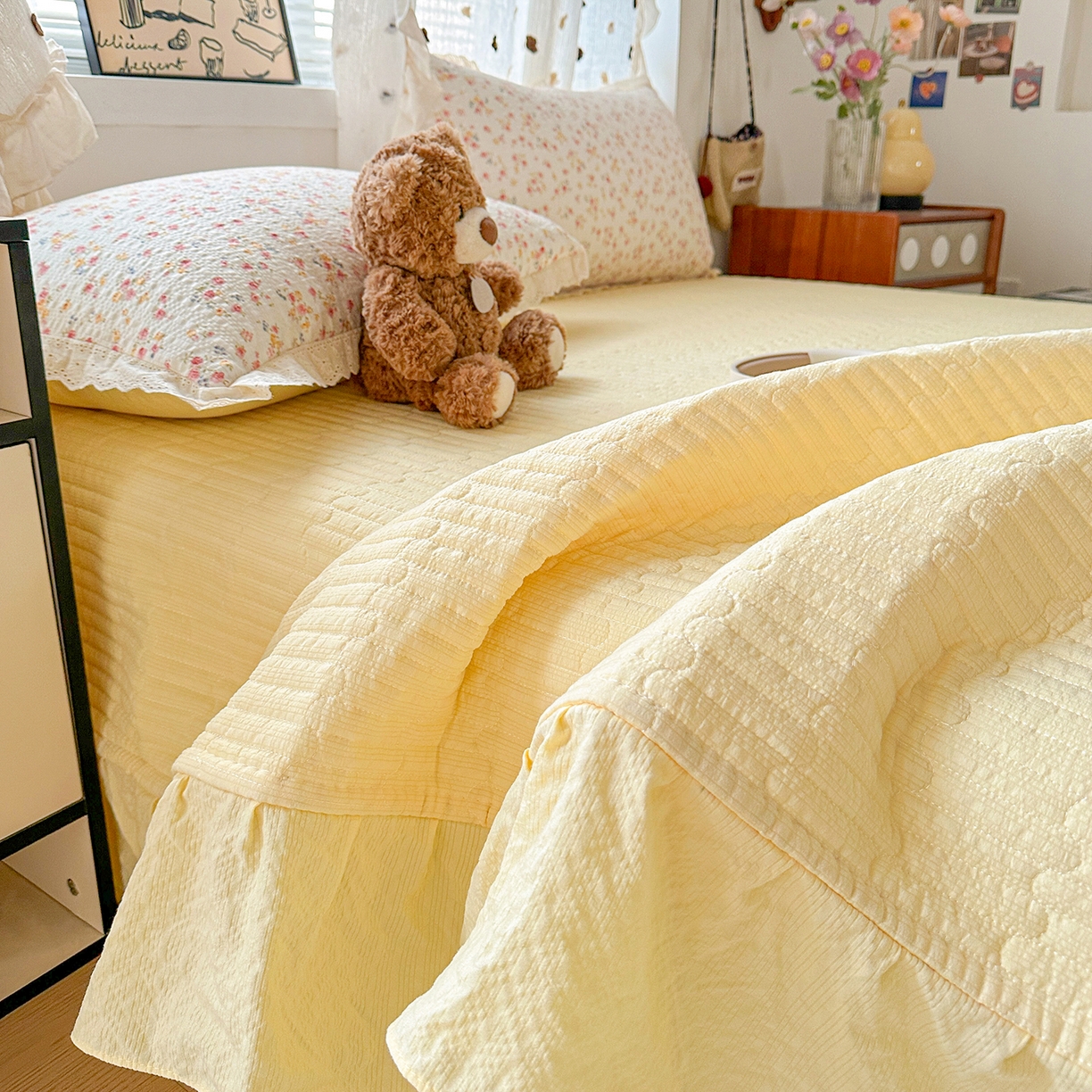 91家纺网 家纺一手货源 找家纺 富米莱（原臻工厂） 2026新款全新花边款泡芙双层纱夏凉被床盖床裙四件套 蕾丝花边-黄油小碎花