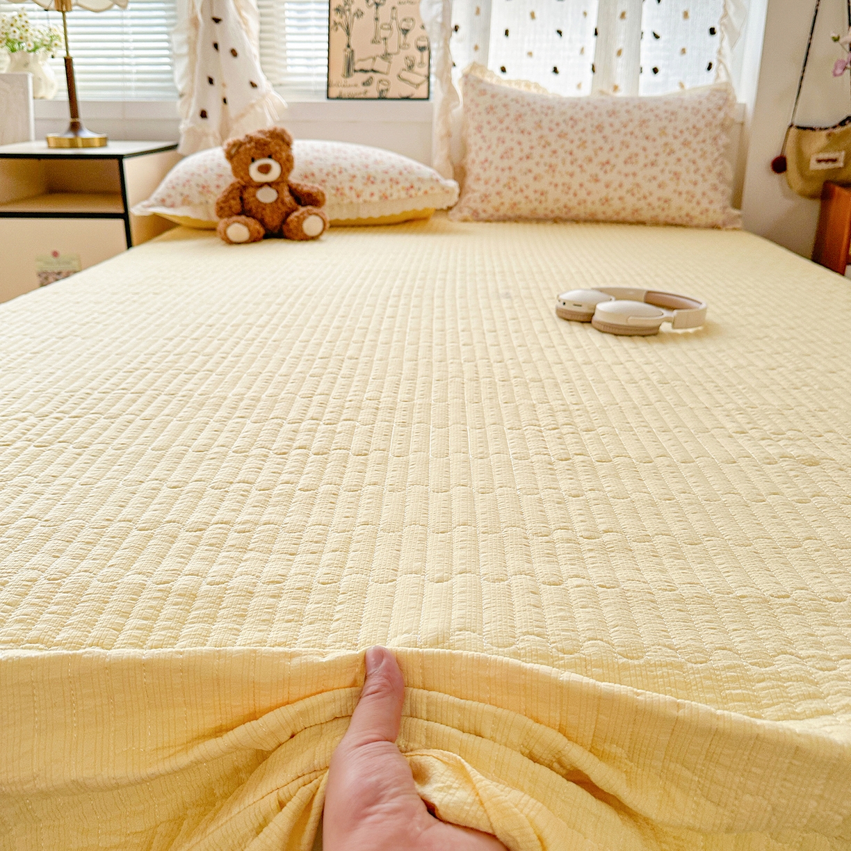 91家纺网 家纺一手货源 找家纺 富米莱（原臻工厂） 2026新款全新花边款泡芙双层纱夏凉被床盖床裙四件套 蕾丝花边-黄油小碎花